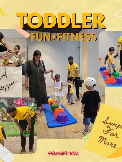 Our toddler fitness program is designed to build fundamental motor skills through play. This collage shows a typical trial session, full of colorful equipment, guided activities, and lots of smiles, making fitness fun from the very start.