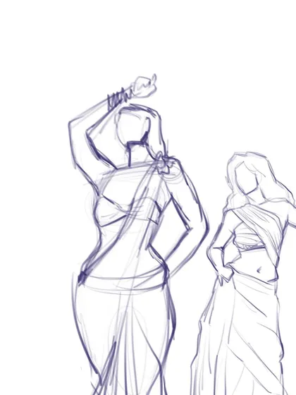 Quick gesture drawings of figures in sarees. The goal here isn't detail, but to capture the movement, flow, and rhythm of the poses in just a few lines.