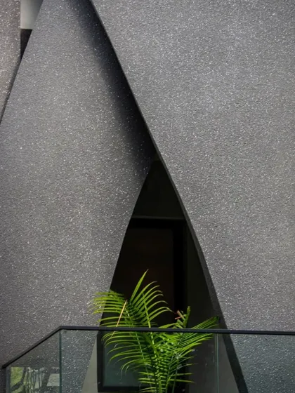 An intimate detail of the Lotus Villa's facade, showing the interplay of the raw, textured concrete curves. This view emphasizes the craftsmanship and the powerful, intentional lines of the design.