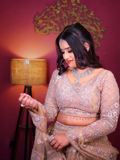 A detailed shot of the lehenga's fabric and embroidery.