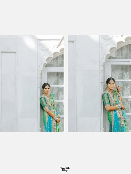 A diptych of the bride posing against a white architectural backdrop, showcasing her elegant South Indian fusion look.