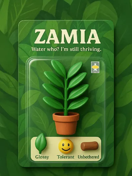 Water who? The Zamia plant is still thriving. This glossy, tolerant, and unbothered green is the ideal cohabitant for the occasionally distracted plant parent, asking for very little attention.