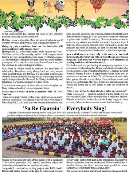 Our "Sa Re Gaayein" project in Odisha is a perfect example of how we adapt our curriculum. This page from our newsletter shows our work with TATA Steel's Residential Bridge Centres, where we integrated local tribal songs to make learning more relevant and joyful.