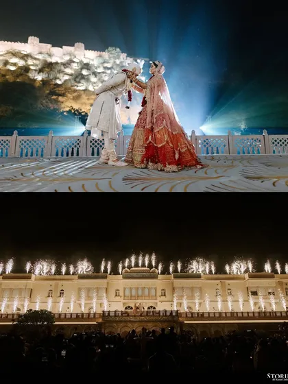 The Varmala ceremony for Rahul and Aashi, set against a palace and illuminated by fireworks. This shot showcases my ability to capture the pinnacle moments of a wedding with dramatic, cinematic flair.