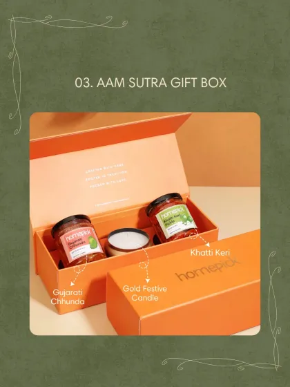 Our Aam Sutra Gift Box is a celebration of mangoes in their most delicious forms. It includes Gujarati Chhunda and Khatti Keri pickle, capturing the essence of summer in a box.