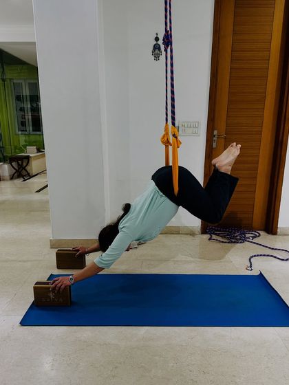 This student is using yoga ropes to practice a suspended Downward-Facing Dog. This variation helps to decompress the spine and open the shoulders more deeply than the traditional pose.