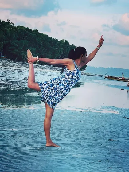 Feeling the yoga vibes with a Dancer's Pose on this beautiful beach in the Andamans. Balance is a key theme in my practice and life.