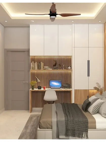 A 3D render of a bedroom that blends natural and modern elements. The design features a wood-paneled wall with a nature-themed wallpaper accent, a built-in wardrobe, and an integrated study desk.
