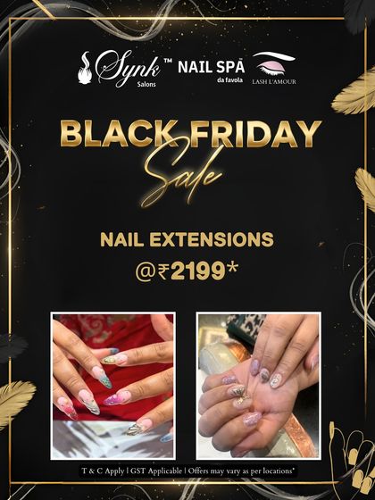 A Black Friday offer for nail extensions. The images feature two examples of intricate and colorful nail art on long extensions, showcasing the creative possibilities.