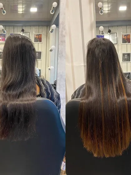 This before-and-after shows how permanent extensions can fix sparse ends and add highlights for a fuller, more polished look.