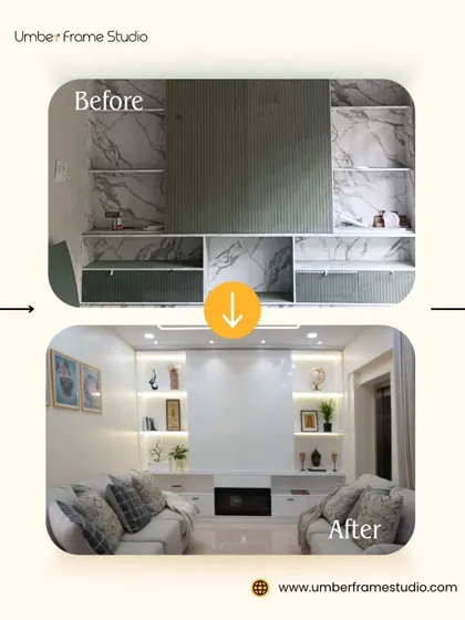 A powerful transformation. We turned this standard living area into a bright, elegant space with custom cabinetry, integrated lighting, and a modern fireplace, completely changing the feel of the room.