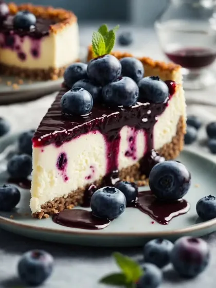 A perfect slice of creamy Blueberry Cheesecake with a graham cracker crust, topped with a generous amount of blueberry compote and fresh berries.