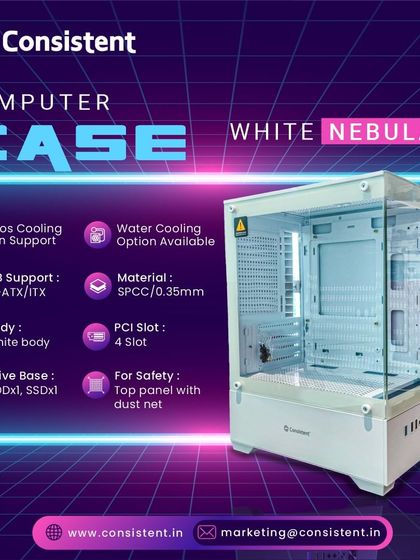 Our White Nebula case is perfect for a clean and bright PC build. It supports M-ATX/ITX motherboards, has excellent cooling potential with support for five fans, and includes a tempered glass side panel.
