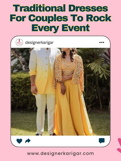 Perfect for a Haldi ceremony, this couple is coordinated in bright yellow. The groom wears a white kurta with a yellow Nehru jacket, and the bride wears a flowing yellow gown with an embroidered cape.