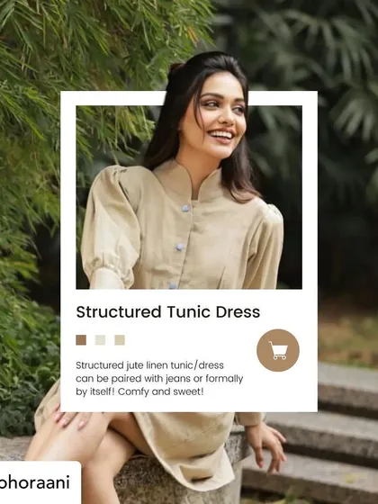 Our structured tunic dress featured as a shoppable item. This image highlights its versatility, suggesting it can be paired with jeans or worn on its own for a formal look.