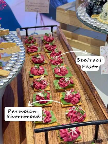 We had the joy of curating a dreamy grazing table for Bioderma's pink affair. This shot shows our Beetroot Pesto on Parmesan Shortbread, a bite that perfectly matched the event's blush-toned theme.