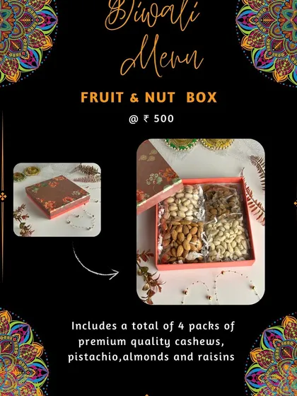 A menu showcasing the Fruit & Nut Box, a simple yet elegant gift containing four packs of premium quality cashews, pistachios, almonds, and raisins.