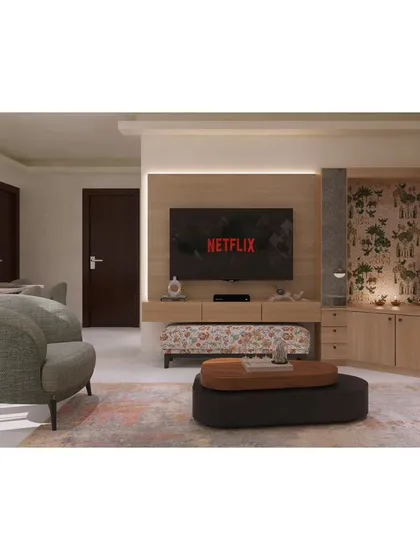 Another perspective of the integrated living space, showing the flow between the seating area, the TV unit, and the dining space in the background. The layout is designed for modern, open-plan living.