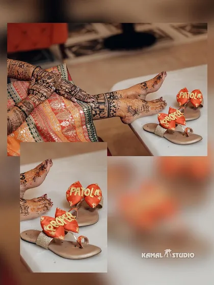 A detail shot focusing on the bride's intricate foot mehendi and her custom "Patola" sandals.