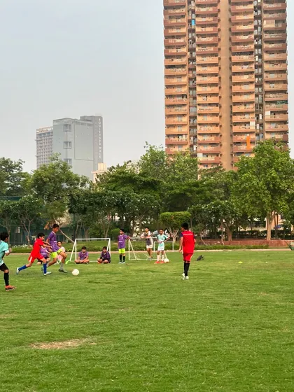 A wide view of a practice match, showing the spacing and positioning we teach our young athletes.