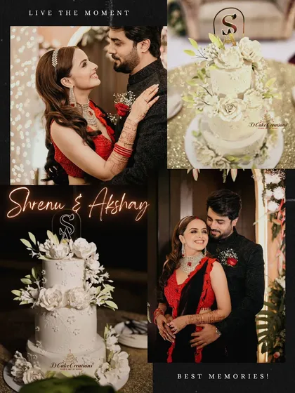 A collage celebrating the wedding of actors Shrenu Parikh and Akshay Mhatre. We were thrilled to create their elegant, all-white, three-tiered wedding cake, adorned with delicate white sugar flowers.