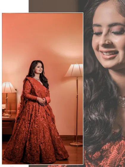 A modern, graphic-style collage of the bride. It combines a full-length shot in her stunning red reception gown with a close-up of her happy, smiling face, capturing her personality and style.