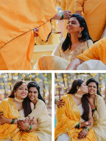 A collage showcasing the tender and fun moments between the bride and her loved ones during the Haldi ceremony.