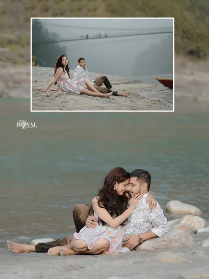A collage featuring a couple relaxing by the river, with the iconic suspension bridge visible in the background.