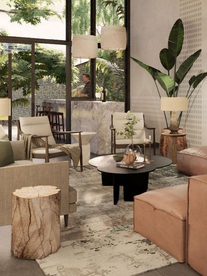 For the living areas at 'Kasu Vaha', this render illustrates our use of furniture that reflects a connection to nature, with soft textiles and raw wood side tables.