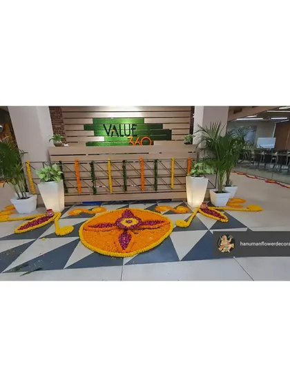 A look at our festive decoration for the Value 360 office reception area. We designed a large, intricate floral rangoli using fresh marigolds and rose petals to create a traditional and vibrant welcome for Diwali.