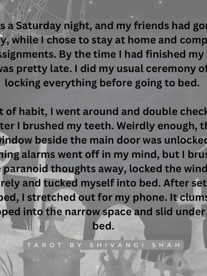 A student living alone feels a cold hand under her bed, only to later find a blurry picture of a pale hand in her phone's gallery.
