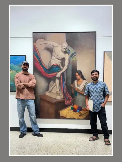 With my friend and fellow artist in front of my painting "Knitting her thoughts" at the 44th Monsoon Show at Jehangir Art Gallery.
