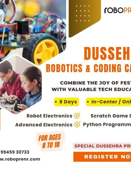 Combine the joy of the Dussehra festival with valuable tech education. Our 8-day Robotics & Coding Camp is available in-center or online for ages 8 to 18.