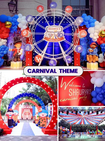 This collage showcases the complete look of a carnival theme, from the grand ferris wheel backdrop and welcome arches to the classic red, white, and blue draped ceiling. I ensure every element works together for a cohesive look.
