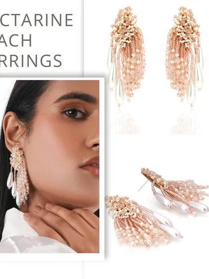 A closer look at the Nectarine Peach Earrings, showcasing the detailed beadwork and graceful movement of the pearl drops.