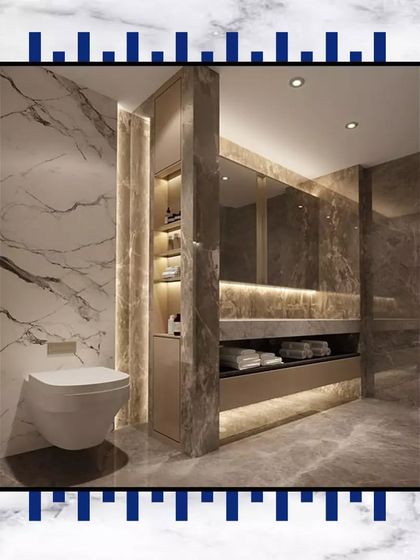 A captivating bathroom design that prioritizes relaxation. The warm, ambient lighting and floor-to-ceiling marble create a calming and luxurious bathing experience.
