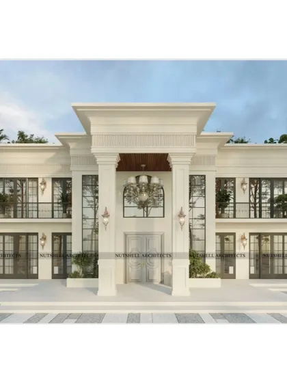 This 2.5-acre signature estate is a study in timeless neo-classical design. We focused on perfect symmetry, with towering double-height columns framing a grand central portico to create a powerful arrival experience. The design blends classical proportions with modern materials like micro-concrete, resulting in a residence built to feel like a generational legacy.