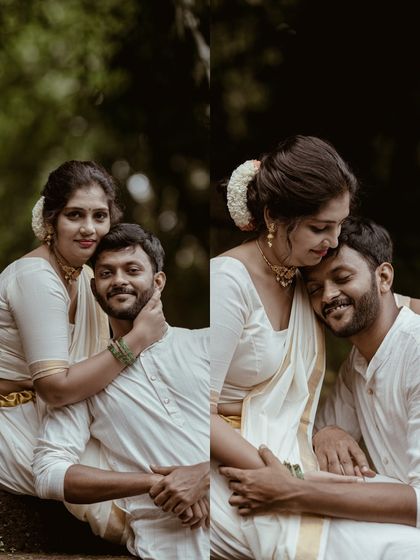 A collage of a couple in traditional white attire, sharing romantic and tender moments on ancient temple steps.