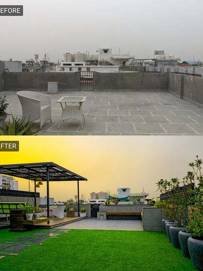 A bare terrace with a few chairs is now a cozy, well-defined seating area. We installed a pergola for shade and ambiance, surrounded by planters and a lush lawn for a garden-like feel.