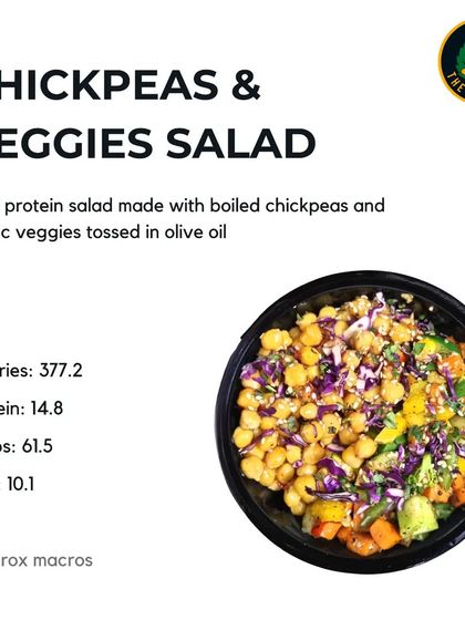 Looking for a high-protein vegetarian option? My Chickpeas & Veggies Salad offers 14.8g of protein with boiled chickpeas and exotic veggies tossed in olive oil.