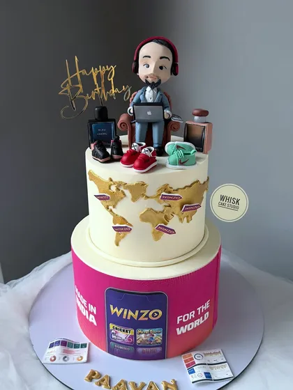 We were honored to create this special cake for the co-founder of Winzo and Zostel. It features a hand-modeled figurine matched to his likeness, surrounded by all his favorite things, showcasing our skill in corporate and personalized gifting.