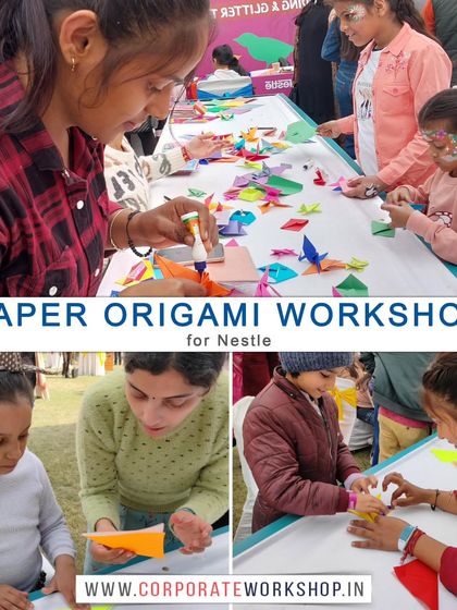 An action shot from a busy origami station at a corporate family day. We can set up and manage creative booths for large-scale events, ensuring everyone gets a chance to participate.