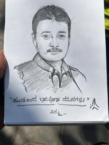 A close-up of the sketch I made to honor Chiranjeevi Sarja, with a message of "heartfelt salutations from the brush."