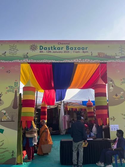 The colorful, branded entrance I constructed for the Dastkar Bazaar in Chennai. This welcoming arch sets the tone for the event and draws visitors in.