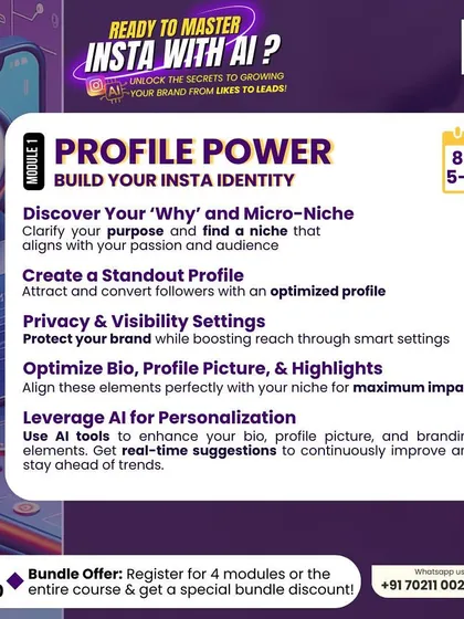 Your Instagram profile is your digital storefront. This 'Profile Power' module focuses on building a strong identity by defining your niche, optimizing your bio and highlights, and using AI to get real-time suggestions for improvement.