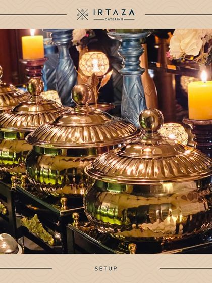 The polished lids of our golden chafing dishes reflect the warm candlelight, creating a beautiful and appetizing scene for your guests.