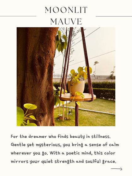 Our 'Swing Story' macrame hanger in Moonlit Mauve, a gentle and mysterious shade. This 4-foot piece with its round wooden shelf is perfect for the dreamer who finds beauty in stillness and soulful grace.