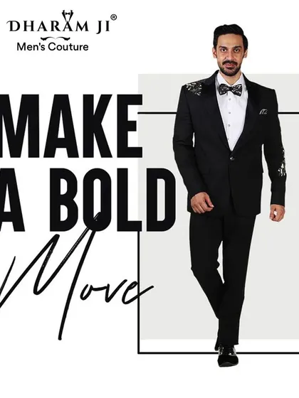 Make a bold move. This graphic features a model in a custom black tuxedo, embodying confidence and style.