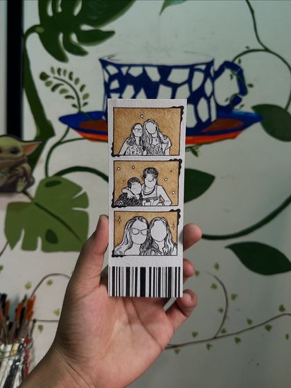 Here is a finished custom photo strip, showing three different memories illustrated in my signature style. The coffee-painted background really makes the black linework pop.