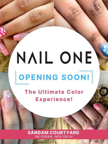 An "Opening Soon" announcement for our Sangam Courtyard location, teasing the ultimate color experience with a collage of our beautiful nail art.